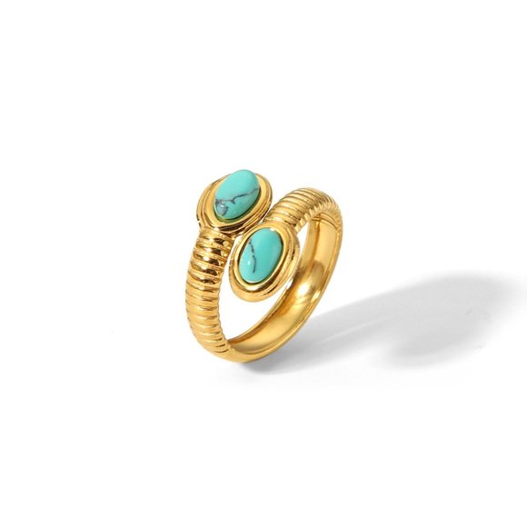 3/$35 Wrap-Around Design 18K Gold Plated Blue Turquoise Stone Open Ring Steel - Picture 1 of 5